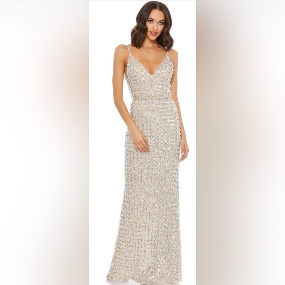 Mac Duggal Champagne Sequin V-Neck Evening Gown